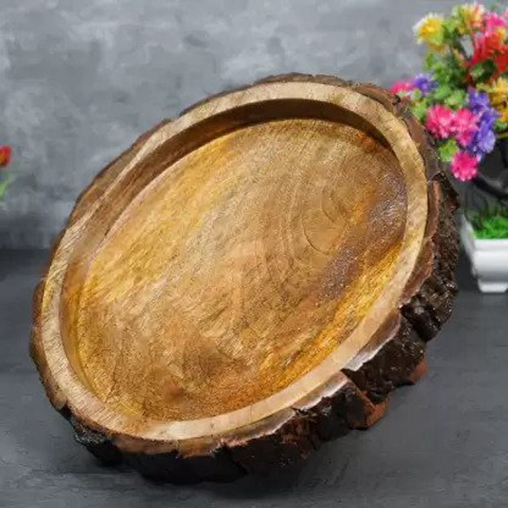 Round handmade wooden tray with natural grain texture