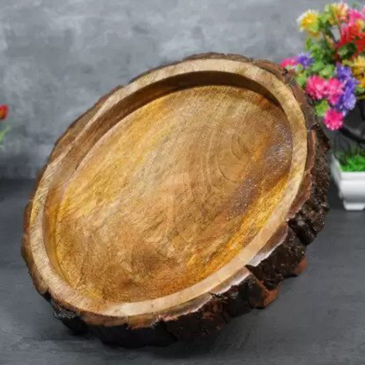 Round handmade wooden tray with natural grain texture