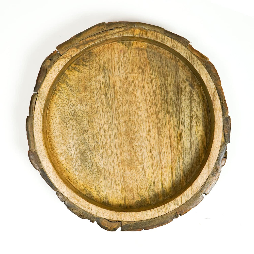 Top view of rustic wooden serving tray styled with snacks