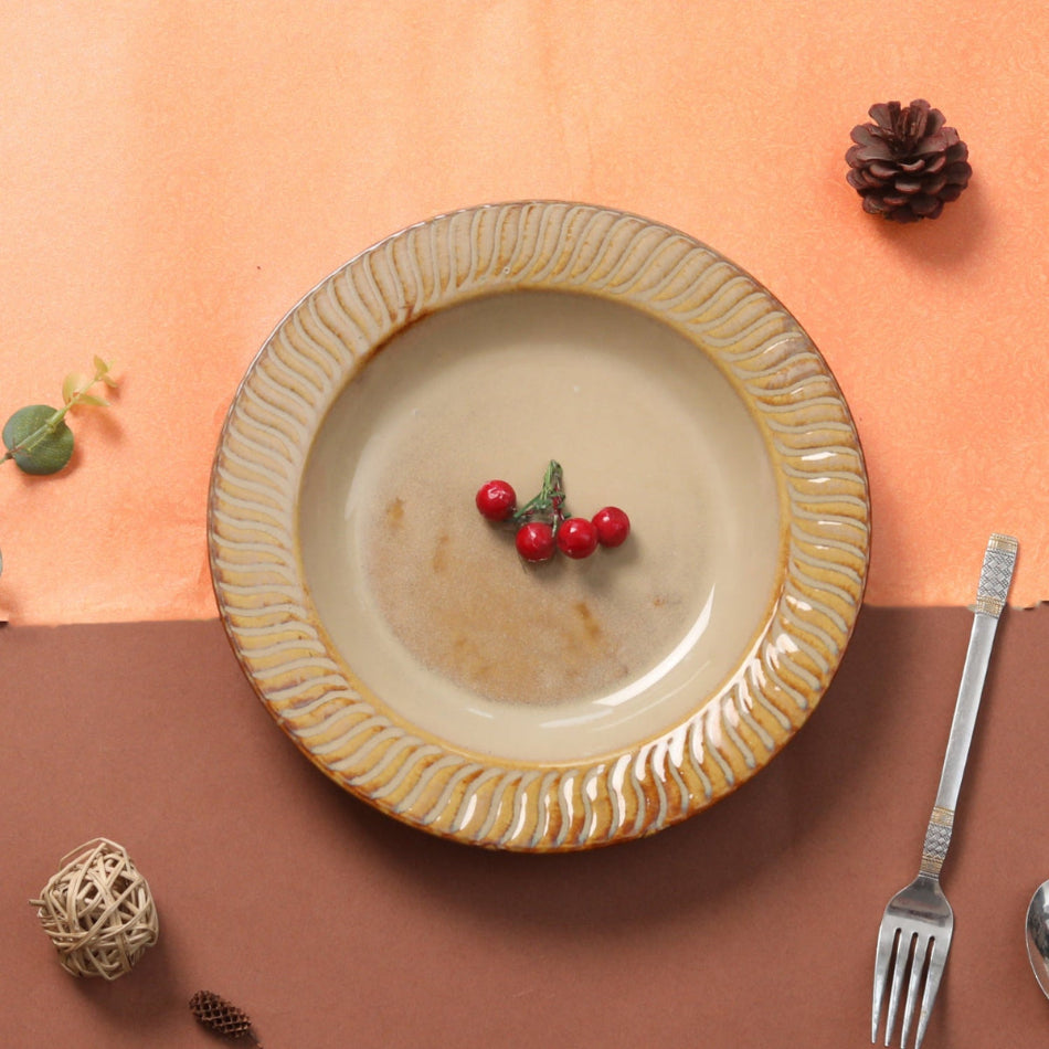 Top view of 9-inch deep ceramic pasta plate in handmade stoneware finish